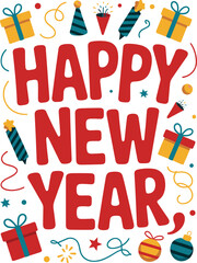Happy New Year text with festive decorations greeting