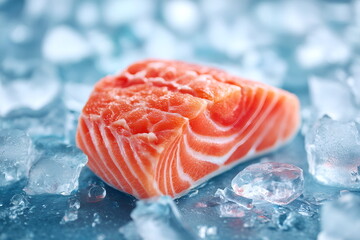 Frozen trout steak on ice. Advertisement of frozen fish.