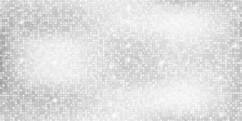 Silver mosaic disco ball background with white mirror glitter and light spots texture. Shiny grey tones sequin pattern. Festive fashion decoration. Glam sparkle Christmas wall. Vector illustration.