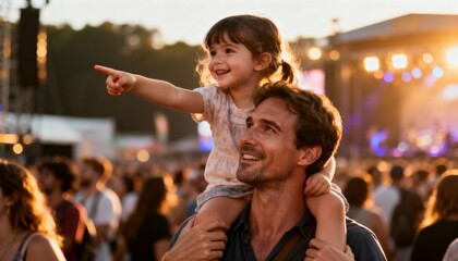 father with daughter on shoulders at summer festival enjoying music under setting sun