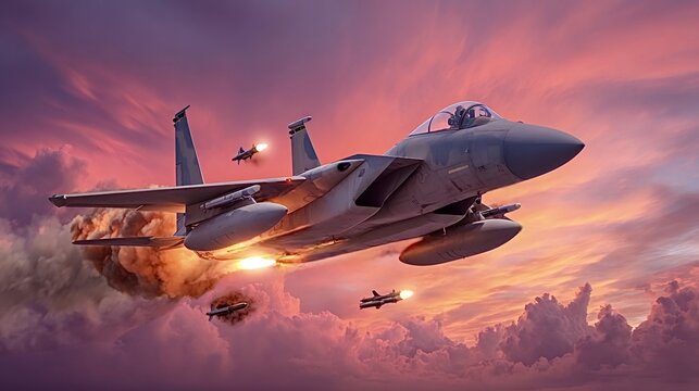 F 15 eagle fighter aircraft soaring through dramatic sunset clouds, launching combat missiles with afterburners ablaze against a dynamic red and orange sky during an air combat mission