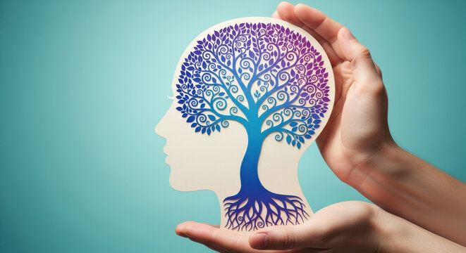 Tree of life mind silhouette held by hands