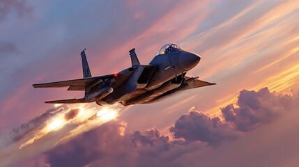 F 15 eagle fighter jet performing aerial maneuvers at high speed, displaying its powerful afterburner against a dramatic, colorful sky with clouds during sunset