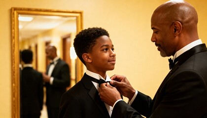 father helping son adjust bow tie for formal event in elegant setting with mirrored background