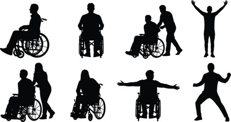 Inclusive silhouettes, wheelchair users, assisted mobility, diverse poses, disability awareness, standing figures, dance motion, accessibility concept, human expression, physical diversity
