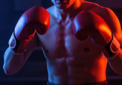 Boxer with boxing gloves training in dark room | boxing, boxer, fighting, punch, athlete, gloves, training, action, combat sport, strength