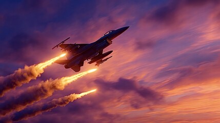 F 16 fighter jet deploying multiple hot defensive flares creating trails of fire and smoke while flying against a dramatic orange and purple sunset sky. Representing military defense and aerial combat
