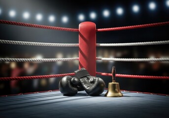 Boxing ring with gloves bell and ropes spotlight | boxing, boxer, fighting, punch, athlete, gloves, training, action, combat sport, strength