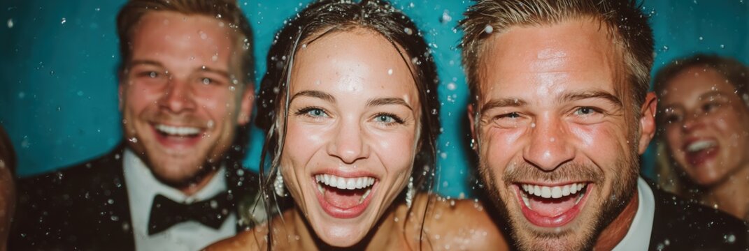 Joyful wedding friends laughing together under falling confetti during night celebration party.