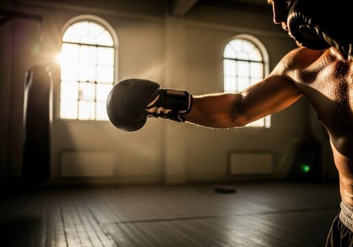 Boxer hitting punch bag in gym with sunlight | boxing, boxer, fighting, punch, athlete, gloves, training, action, combat sport, strength