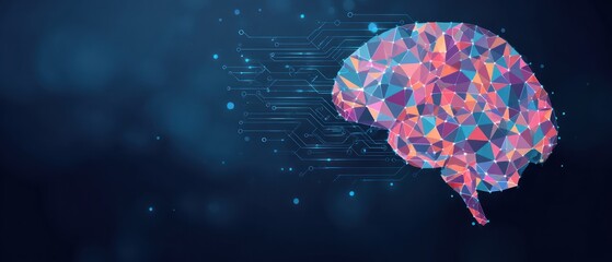 Abstract polygonal brain connected to digital circuit lines on dark background.