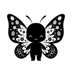 Cute cartoon butterfly character vector illustration with floral and Easter egg wing patterns isolated on white background