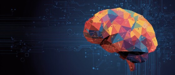 Low poly brain graphic over dark blue circuit board background