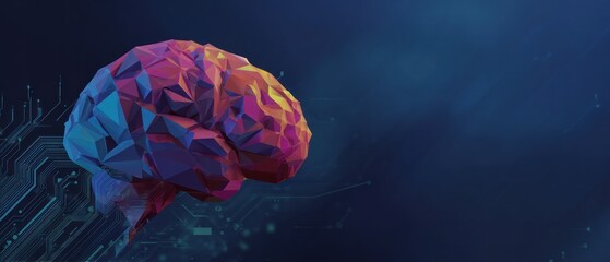 Low poly brain model with circuit board elements on dark background.