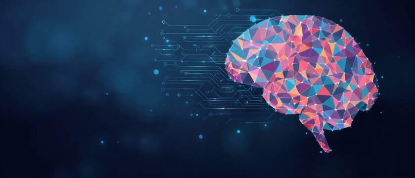 Abstract polygonal brain connected to digital circuit lines on dark background.