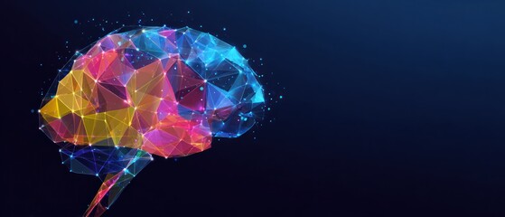 Abstract polygonal human brain structure against dark blue background.