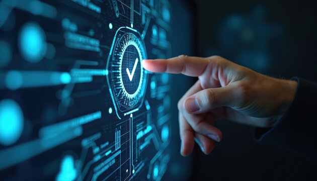 Person interacts with digital dashboard displaying checkmark and data. Technology interface confirms process completion for business efficiency. Digital verification on screen shows successful audit.