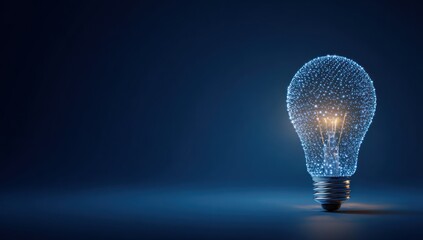 Glowing digital lightbulb on dark blue background with copy space