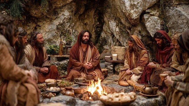 Jesus christ sitting with his twelve disciples in a cave, sharing a meal around a campfire, depicting a religious scene of biblical fellowship and spiritual community