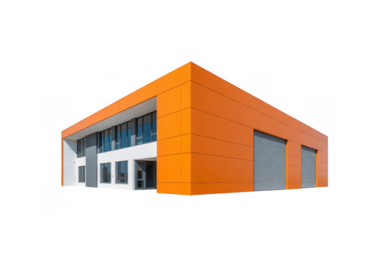 Modern orange commercial building with large windows and roll up doors isolated on a transparent background