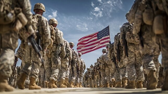 United states army soldiers in camouflage standing and marching in formation with the american flag waving under a blue sky, symbolizing service, duty, patriotism, and unity