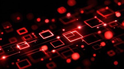 Abstract red glowing squares and bokeh lights on black background