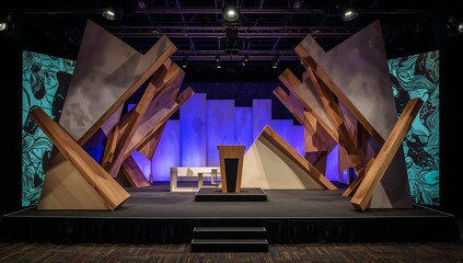 Stage design with deconstructed wooden elements and blue lighting  
