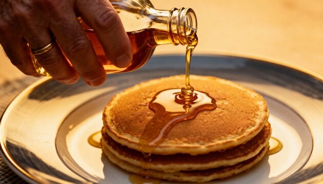 pouring golden maple syrup over stack of pancakes during warm breakfast morning - Powered by Adobe