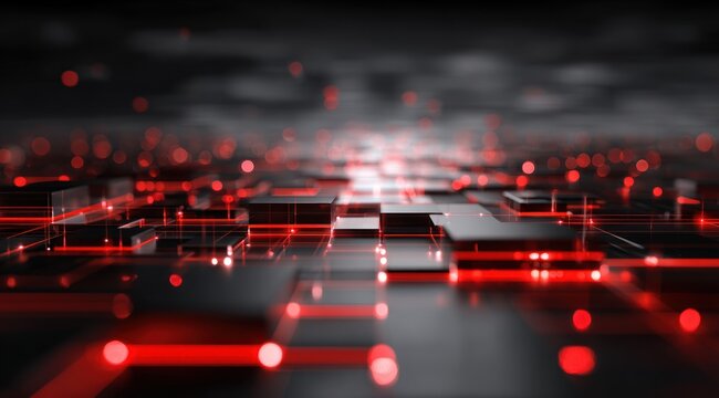Abstract dark surface with glowing red lines and bokeh lights.