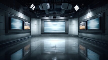 Modern broadcasting studio featuring a large main screen and multiple side monitors, with professional lighting rigs overhead, creating an atmosphere of media and communication technology