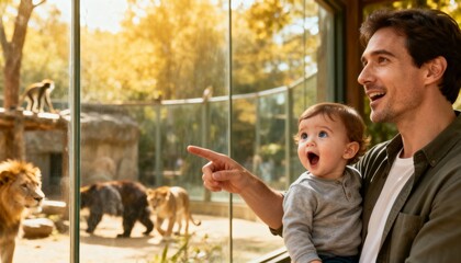 excited father and toddler pointing at lions at zoo on sunny autumn day