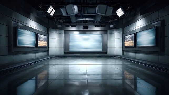 Modern broadcasting studio featuring a large main screen and multiple side monitors, with professional lighting rigs overhead, creating an atmosphere of media and communication technology