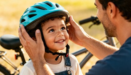 Fototapeta premium young father assisting toddler wearing helmet on sunny day for bicycle safety outdoors