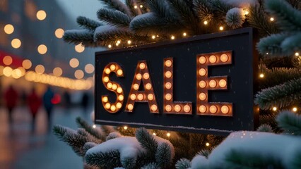 Festive “SALE” sign with glowing bulbs hangs on frosty evergreens, warm bokeh lights, and subtle snow creating a cozy, holiday shopping atmosphere.