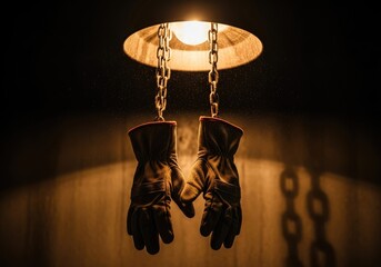 Pair of work gloves hanging under light pendant | boxing, boxer, fighting, punch, athlete, gloves, training, action, combat sport, strength