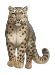 Fototapeta premium Snow leopard with dense, spotted coat and long, fluffy tail extended.