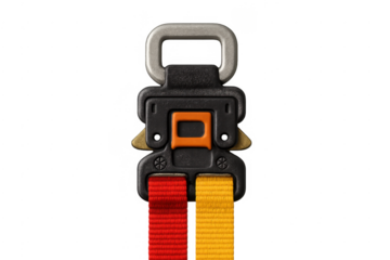 Quick-release buckle securing colorful red and yellow straps