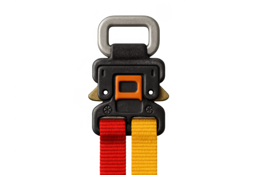 Quick-release buckle securing colorful red and yellow straps