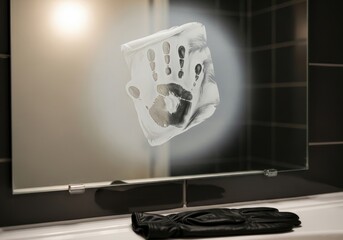 Handprint steamed on mirror with black glove | boxing, boxer, fighting, punch, athlete, gloves, training, action, combat sport, strength