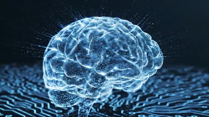 Abstract digital brain with glowing blue circuits and particles - Powered by Adobe