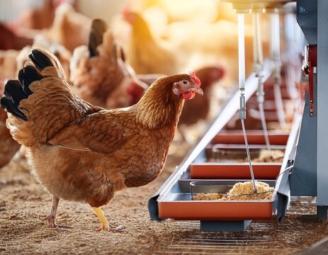 chicken eat from automatic feeder automated poultry farming