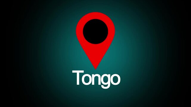 A glowing red location pin hovering above the world in Tongo text on a dark teal and black gradient background, featuring a bright highlight effect and modern digital map style design