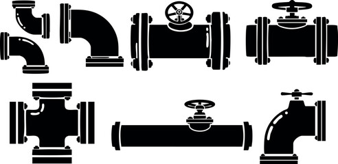 Plumbing pipes and valves vector set for industrial plumbing design and construction projects