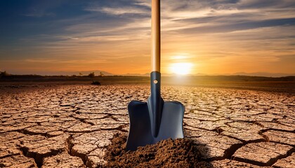shovel dig into cracked dry ground drought and climate crisis