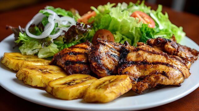 Delicious grilled chicken with sweet plantains and fresh salad on a plate, perfect for healthy eating and culinary lifestyle content creation now
