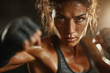 Intense close-up of a sweaty athletic woman training with boxing gloves, staring straight into the camera with fierce determination under dramatic warm gym lighting, symbolizing strength, focus, and f