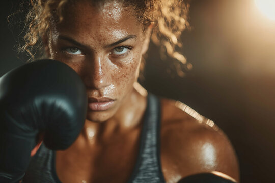 Intense close-up of a sweaty athletic woman training with boxing gloves, staring straight into the camera with fierce determination under dramatic warm gym lighting, symbolizing strength, focus, and f