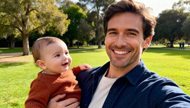 happy father holding smiling baby in sunny park capturing a joyful family moment - Powered by Adobe