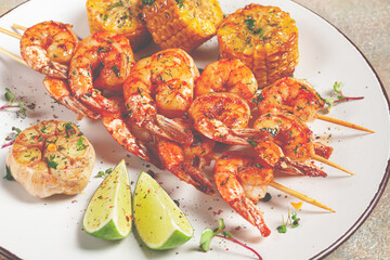 tiger prawns on skewers, shrimp kebab, with corn, fried, homemade, no people,