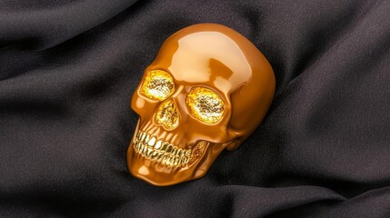 A decorative skull figurine with a shiny gold finish resting on a dark fabric, showcasing artistry and craftsmanship.